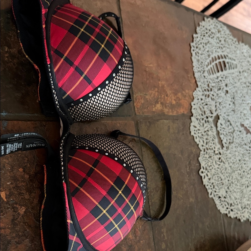Victoria's Secret Red Plaid Push-Up Bra with Black Mesh